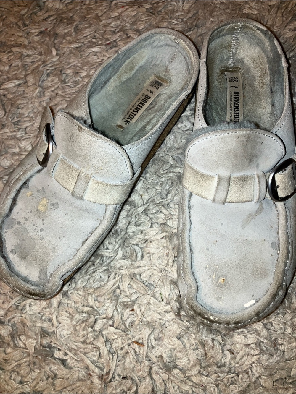 Birkenstock Womens Light Gray Suede Slip-On Buckley Moccasins Trashed